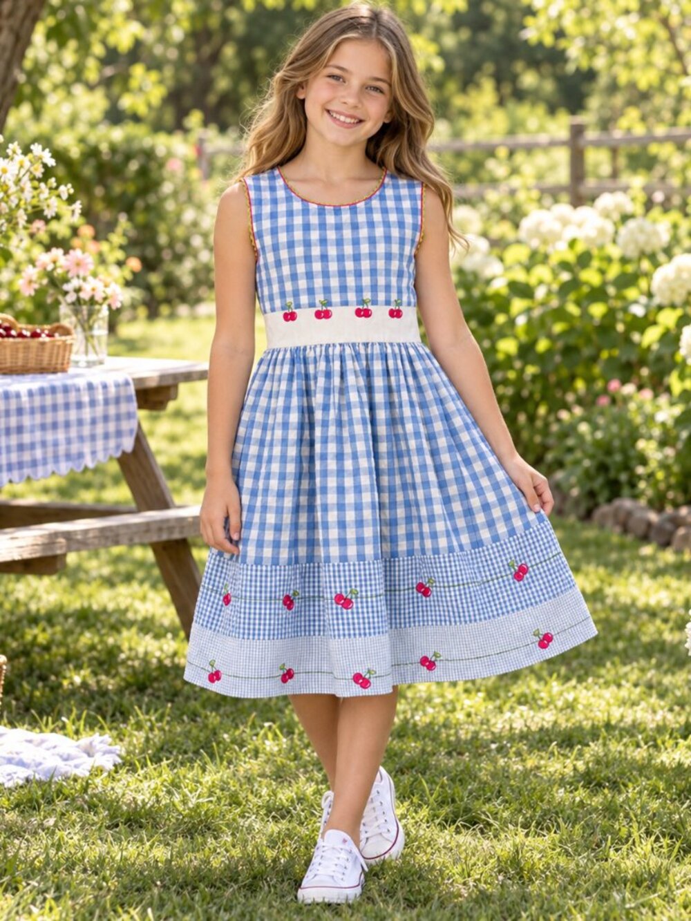 Emily West Girls Size 12 Blue Gingham Cherry Embroidered Dress